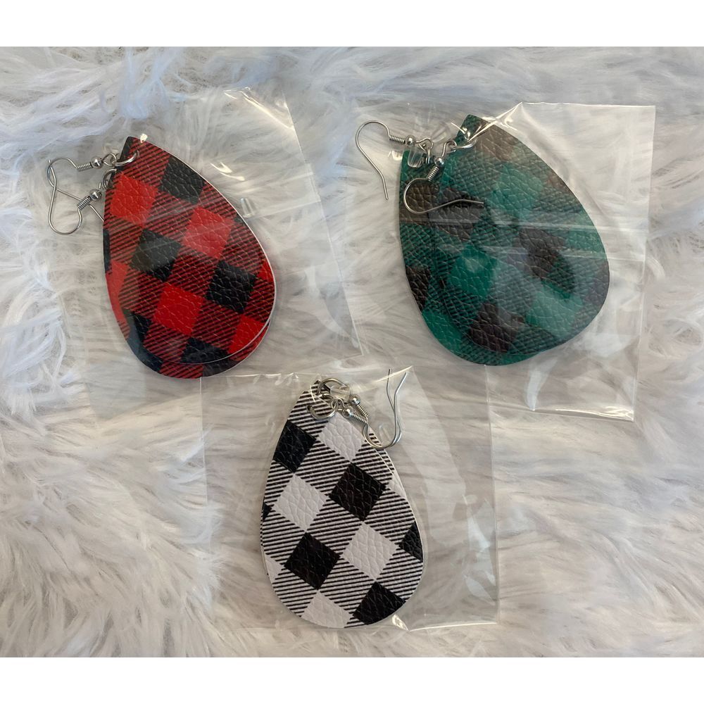 NIP Set of 3 Faux Leather Plaid Teardrop Dangling Lightweight Earrings